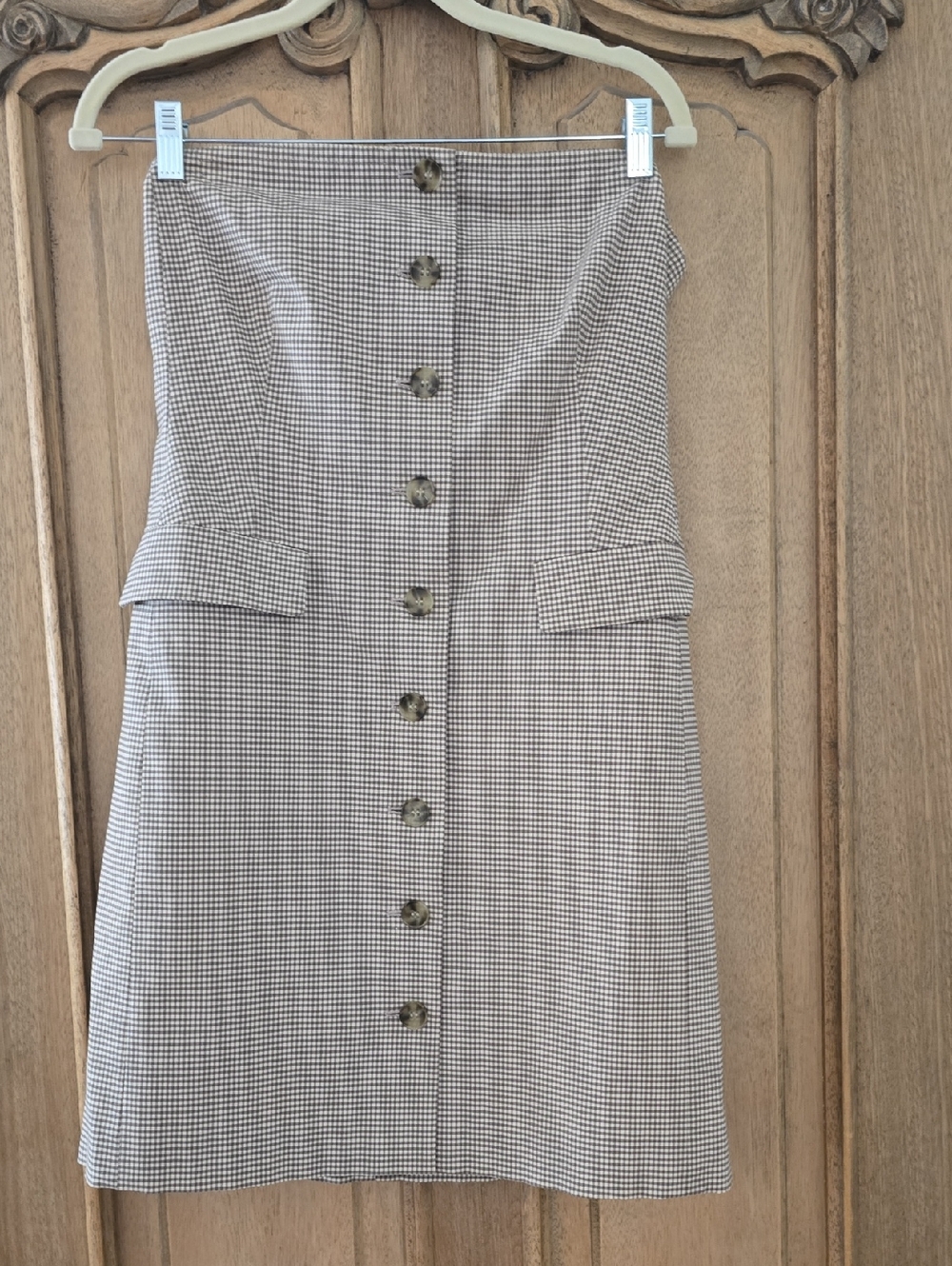 Theory Button-Front Strapless Check Mini Dress - Neutral Houndstooth